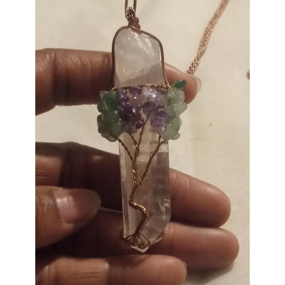 Quartz Crystal and Wrapped Copper Wire Pendant w/ Semi Precious Stones on  Chain